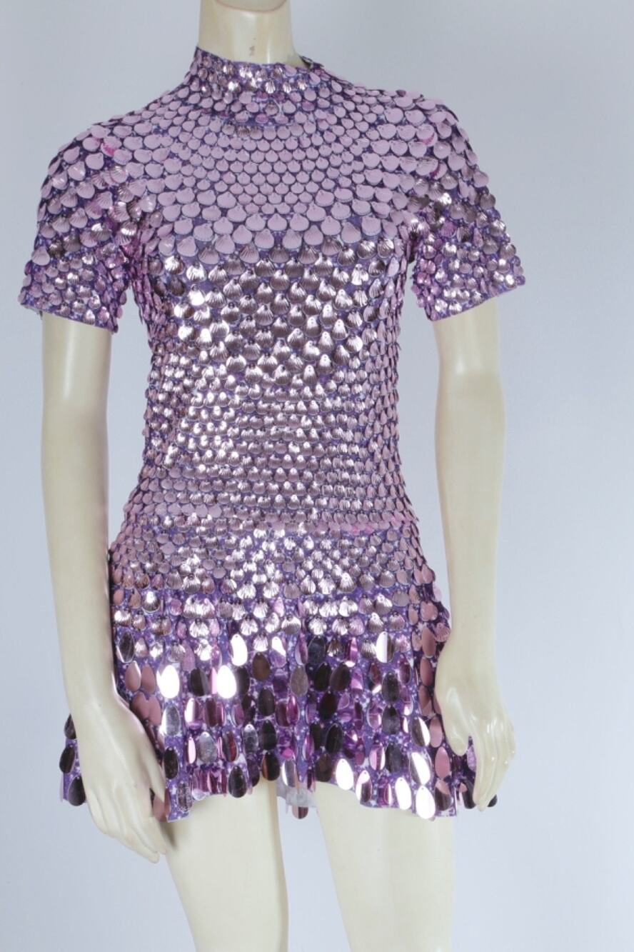 Metallic Lavender Lilac Purple Sequin Chainmail Disc Fringe Bodysuit Romper S